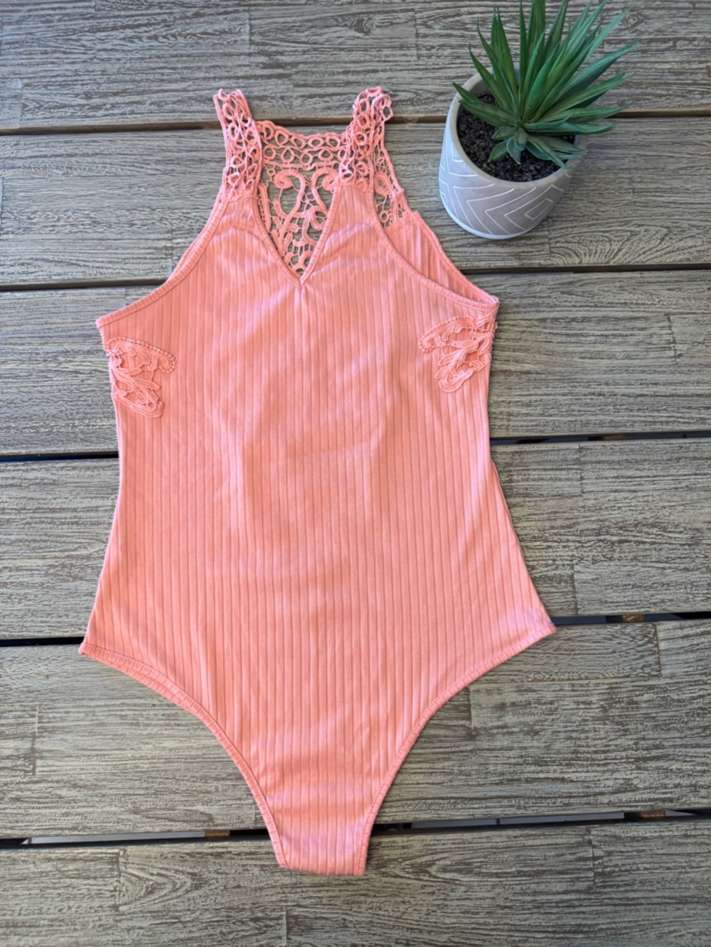 Women's Ribbed Pink Lace Racerback Ribbed One-Piece Bodysuit, Size Medium - Picture 2 of 4
